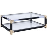 Benzara BM186275 Rectangular Metal Coffee Table with Glass Top and Shelf, Black