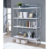 Benzara BM186423 Four Shelf Metal Bookcase with Geometric Sides And Back Design, White and Silver