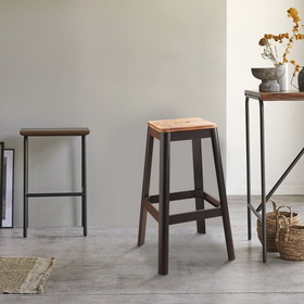Benzara BM186909 Industrial Style Metal Frame and Wooden Bar Stool, Brown and Black