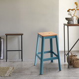 Benzara BM186910 Industrial Style Metal Frame and Wooden Bar Stool, Brown and Blue