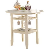 Benzara BM186921 Round Wooden Counter Height Table With Wine Glass Shelf, Cream