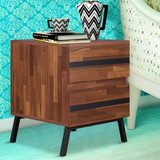 Benzara BM186959 Two Drawers Wooden End Table with Angled Leg Support, Brown and Black