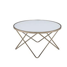 Benzara BM186979 19" Round Glass Top Coffee Table with V Legs, White and Gold