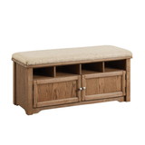 Benzara BM187154 Spacious Wooden Shoe Bench with Linen Upholstered Cushioned Seat, Beige and Brown