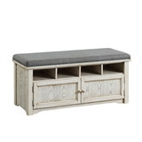 Benzara BM187155 Spacious Wooden Shoe Bench with Linen Upholstered Cushioned Seat, White and Gray