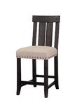 Benzara BM187615 Wooden Counter Height Stool with Fabric Upholstered Seat and Slat Style Back, Set of 2, Black & Beige