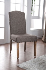 Benzara BM188361 - Fabric Upholstered Solid Wood Side Chair with Nail head Trims , Brown and Gray, Pack of Two