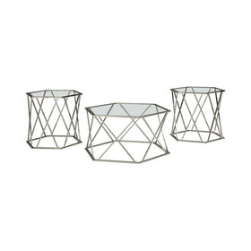 Benzara BM190099 - Hexagonal Design Metal Framed Table Set with Inserted Glass Top, Set of Three, Silver and Clear