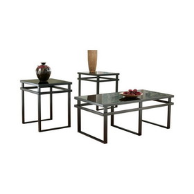 Benzara BM190109 Metal Framed Table Set with Beveled Glass Top and Sled Legs, Set of Three, Black