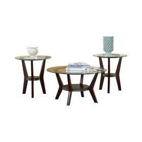 Benzara BM190111 Round Wooden Table Set with Glass Top and Lower Shelf, Set of Three, Brown and Clear