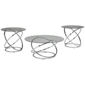Benzara BM190116 Contemporary Glass Top Table Set with Metal Rings Base, Clear and Silver