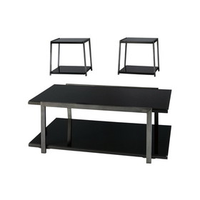 Benzara BM190125 Metal Framed Table Set with Tempered Glass Top and Lower Shelf, Set of Three, Black and Silver
