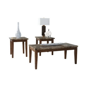 Benzara BM190137 - Rustic Style Faux Marble Top Table Set with Tapered Wooden Legs, Set of Three, Brown