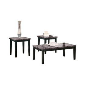 Benzara BM190138 Faux Marble Top Table Set with Tapered Wooden Legs, Set of Three, Black and Gray