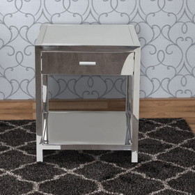 Benzara BM190834 - Square Stainless Steel Accent Table with One Drawer and Open Bottom Shelf, Silver