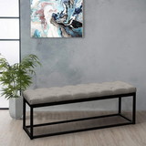 Benzara BM190998 Linen Upholstered Metal Contemporary Bench with Diamond Tuft Details, Gray and Black