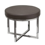 Benzara BM191073 Leather Upholstered Round Accent Stool with Cross Metal Legs, Gray and Chrome