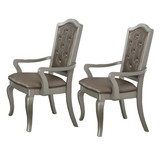 Benjara BM191302 Faux Leather Upholstered Wooden Side Chair with Cabriole Legs, Silver and Gray, Set of Two