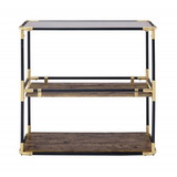 Benzara BM191404 Rechange Glass Top Console Table Metal Tubular Framing and Wooden Shelves, Black and Brown