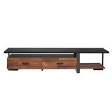 Benjara BM191409 Metal Framed Wooden TV Stand Straight with Two Drawers and Open Shelf, Black and Brown