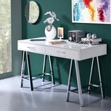 Benzara BM191427 Rectangular Two Drawers Wooden Desk with Saw horse Metal Legs, Silver and White