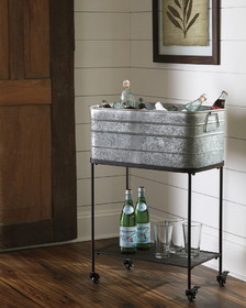 Benzara BM193778 Rectangular Metal Beverage Tub with Stand and Open Grid Shelf, Gray and Black