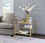 Benzara BM193831 Metal Framed Mirror End Table with Tiered Shelves, Gold and Clear