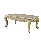Benzara BM193852 Wooden Coffee Table withDecorative Polyresin Carvings and Marble Top, White