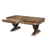 Benzara BM193861 Rustic Wooden Coffee Table with Two Drawers and Metal X Shape Support, Black and Brown
