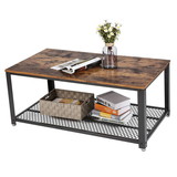 Benzara BM193917 Metal Frame Coffee Table with Wooden Top and Mesh Bottom Shelf, Brown and Black