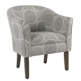 Benzara BM194025 Wood and Fabric Barrel Style Accent Chair with Medallion Pattern, Gray and Brown