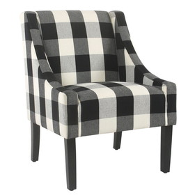 Benzara BM194045 Fabric Upholstered Wooden Accent Chair with Buffalo Plaid Pattern, Black and White