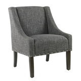 Benzara BM194076 Fabric Upholstered Wooden Accent Chair with Swooping Arms and Nail Head Trim, Gray and Brown
