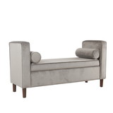 Benzara BM194081 - Velvet Upholstered Wooden Bench with Lift Top Storage and Two Bolster Pillows, Gray