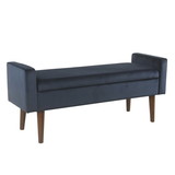 Benzara BM194087 - Velvet Upholstered Wooden Bench with Lift Top Storage and Tapered Feet, Navy Blue