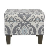 Benzara BM194113 - Wooden Ottoman with Patterned Fabric Upholstery and Hidden Storage, Gray and Blue