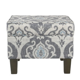 Benzara BM194113 - Wooden Ottoman with Patterned Fabric Upholstery and Hidden Storage, Gray and Blue