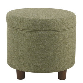 Benzara BM194125 Fabric Upholstered Round Wooden Ottoman with Lift Off Lid Storage, Green