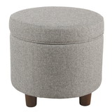 Benzara BM194126 Fabric Upholstered Round Wooden Ottoman with Lift Off Lid Storage, Light Gray