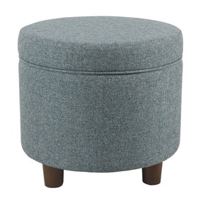 Benzara BM194127 Fabric Upholstered Round Wooden Ottoman with Lift Off Lid Storage, Teal Blue