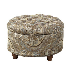 Benzara BM194136 Paisley Patterned Fabric Upholstered Wooden Ottoman with Hidden Storage, Multicolor