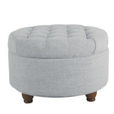 Benzara BM194140 Fabric Upholstered Wooden Ottoman with Tufted Lift Off Lid Storage, Light Blue