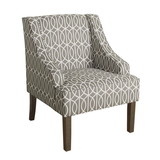 Benzara BM194146 Fabric Upholstered Wooden Accent Chair with Trellis Pattern Design, Gray, White and Brown