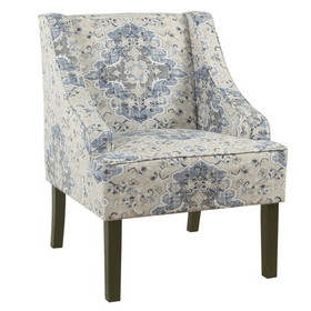 Benzara BM194148 Fabric Upholstered Wooden Accent Chair with Swooping Armrests, Blue, Cream and Brown