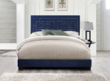 Benzara BM194245 Transitional Fabric Upholstered Queen Bed with Block Legs and Nail Head Trims, Blue