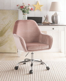 Benzara BM194303 Adjustable Velvet Upholstered Swivel Office Chair with Slopped Armrests, Pink and Silver