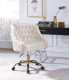Benzara BM194309 Swivel Velvet Upholstered Office Chair with Adjustable Height and Metal Base, Cream and Gold