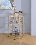 Benzara BM194341 Three Tiered Metal Serving Cart with Glass Inserted Shelves and Curved Side Handle, Gold