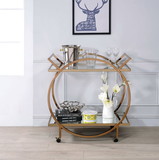 Benzara BM194342 Metal Serving Cart with Mirrored Open Shelf and Tubular Angled Handles, Gold and Clear