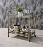 Benzara BM194344 Two Tiered Metal Serving Cart with Glass Shelves and Side Rails, Antique Gold